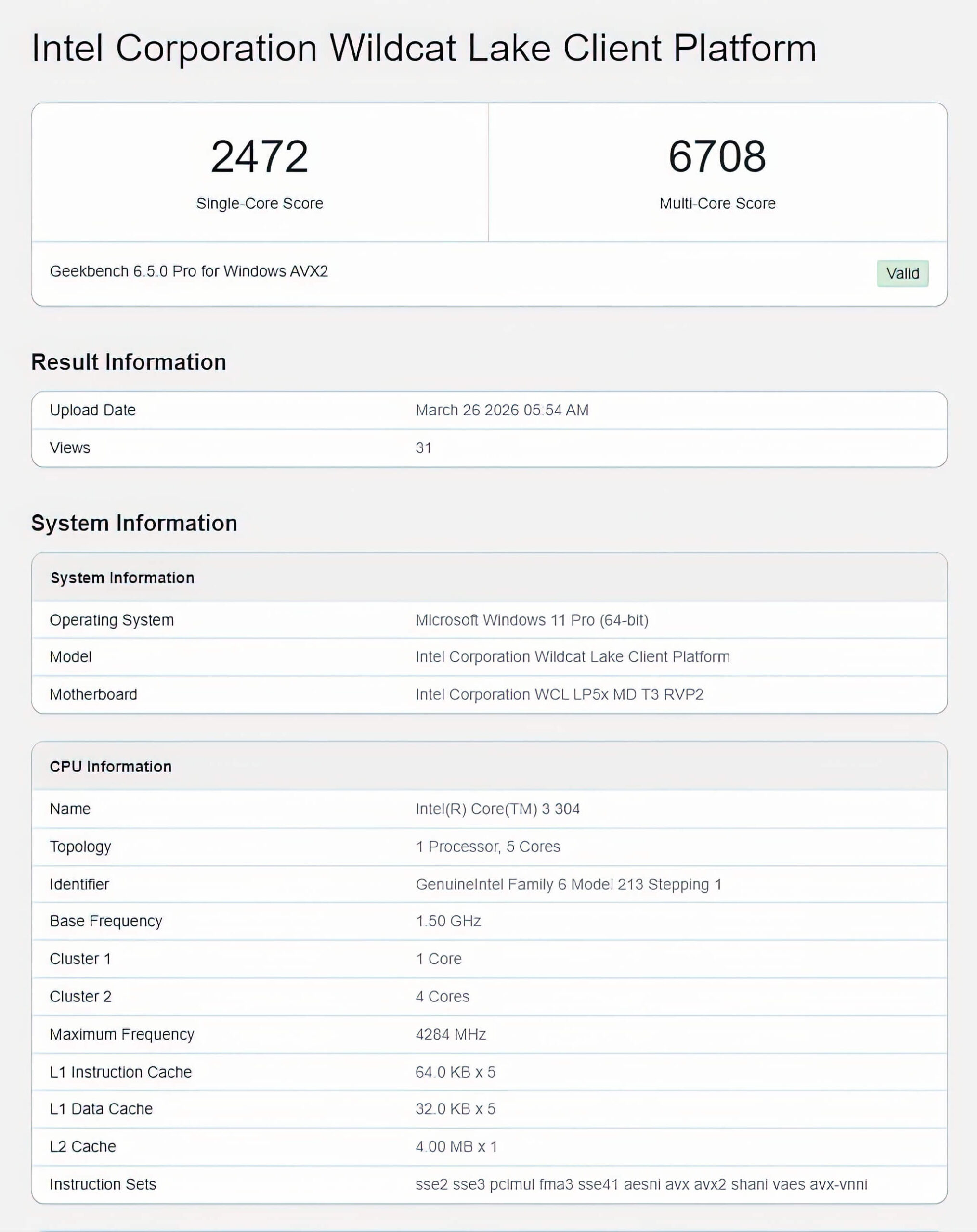 Intel Wildcat Lake Core 3 304 lộ điểm Geekbench, boost 4.3 GHz