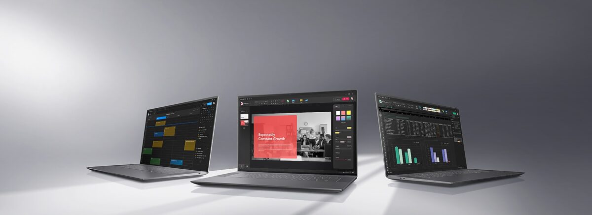 Ba mẫu laptop minh họa công nghệ LG Tandem ATO OLED dành cho môi trường làm việc hiện đại