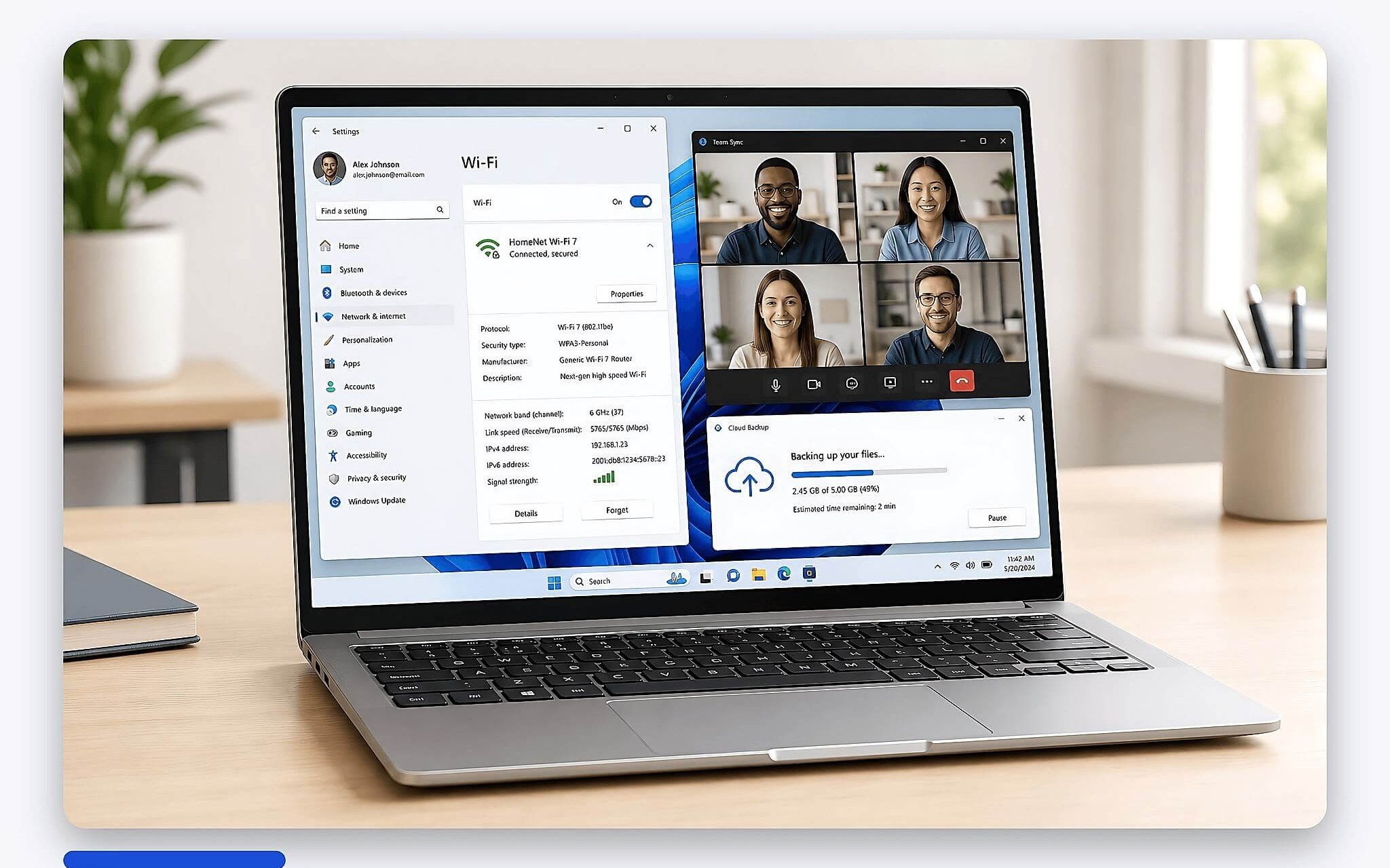 Cửa sổ thiết lập mạng Windows hiển thị kết nối chuẩn 802.11be ở băng 6 GHz