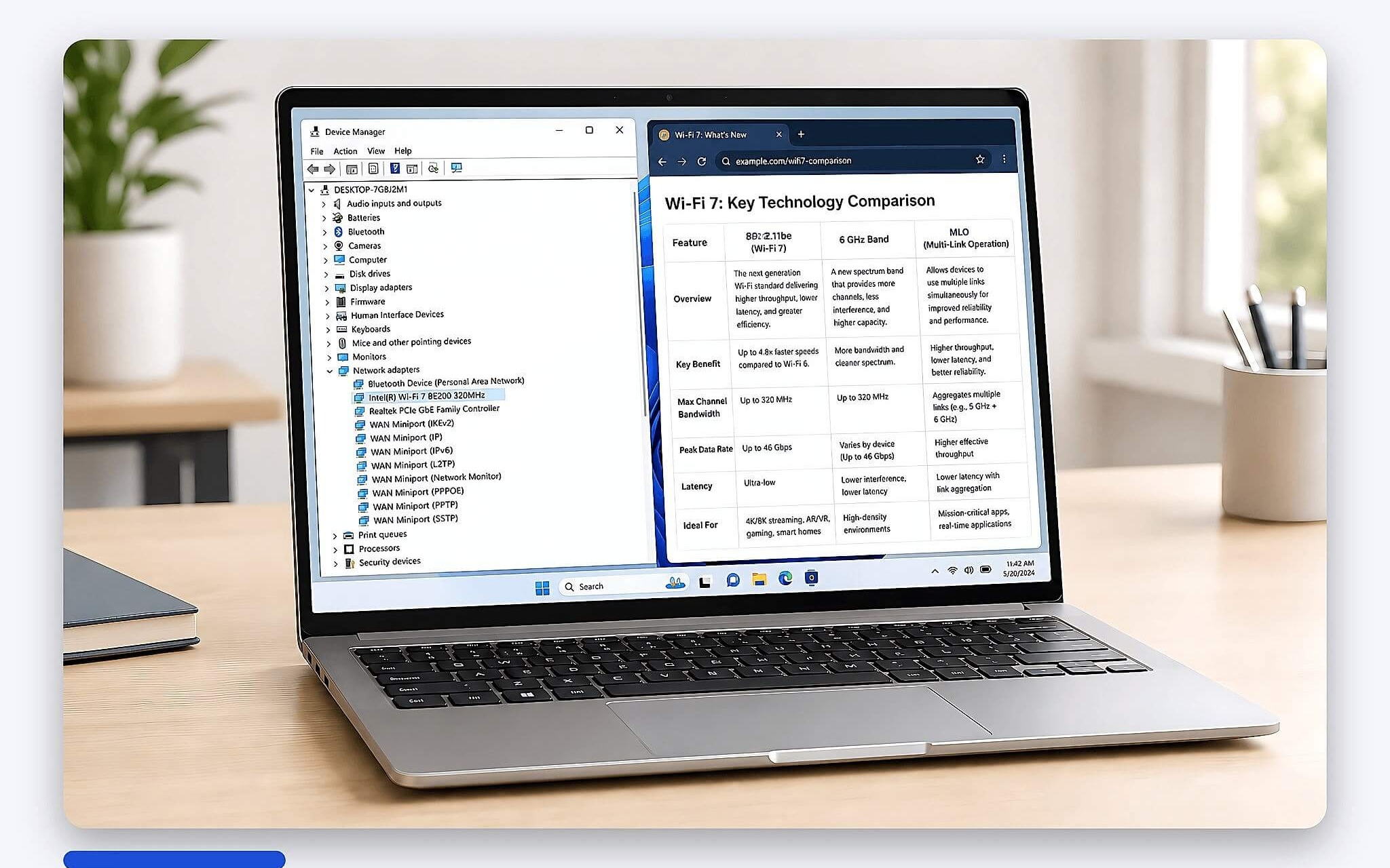 Device Manager hiển thị mô-đun mạng Intel Wi-Fi 7 BE200 trên laptop