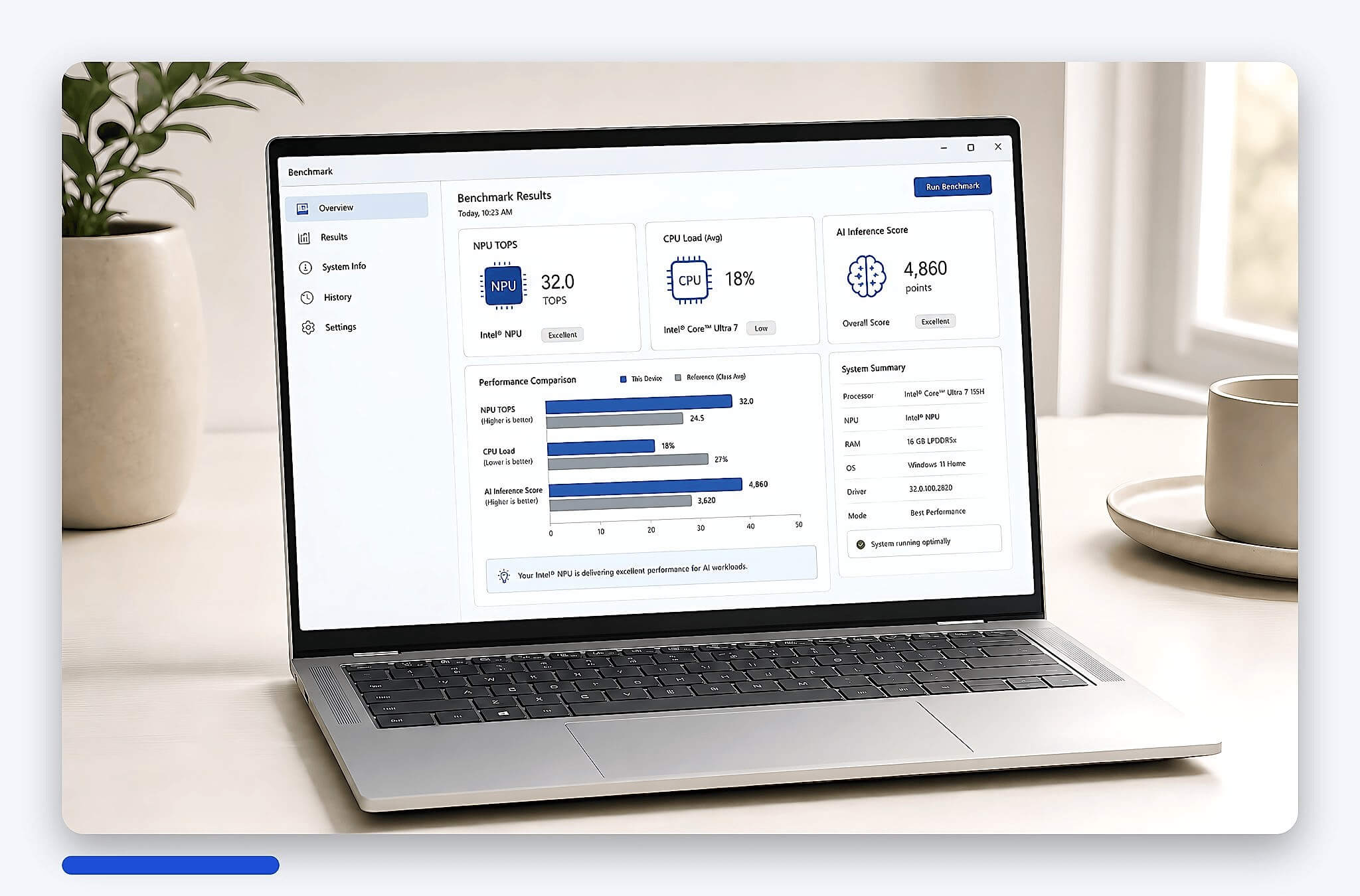 Biểu đồ benchmark CPU cạnh thông số TOPS của laptop AI Biểu đồ benchmark CPU cạnh thông số TOPS của laptop AI