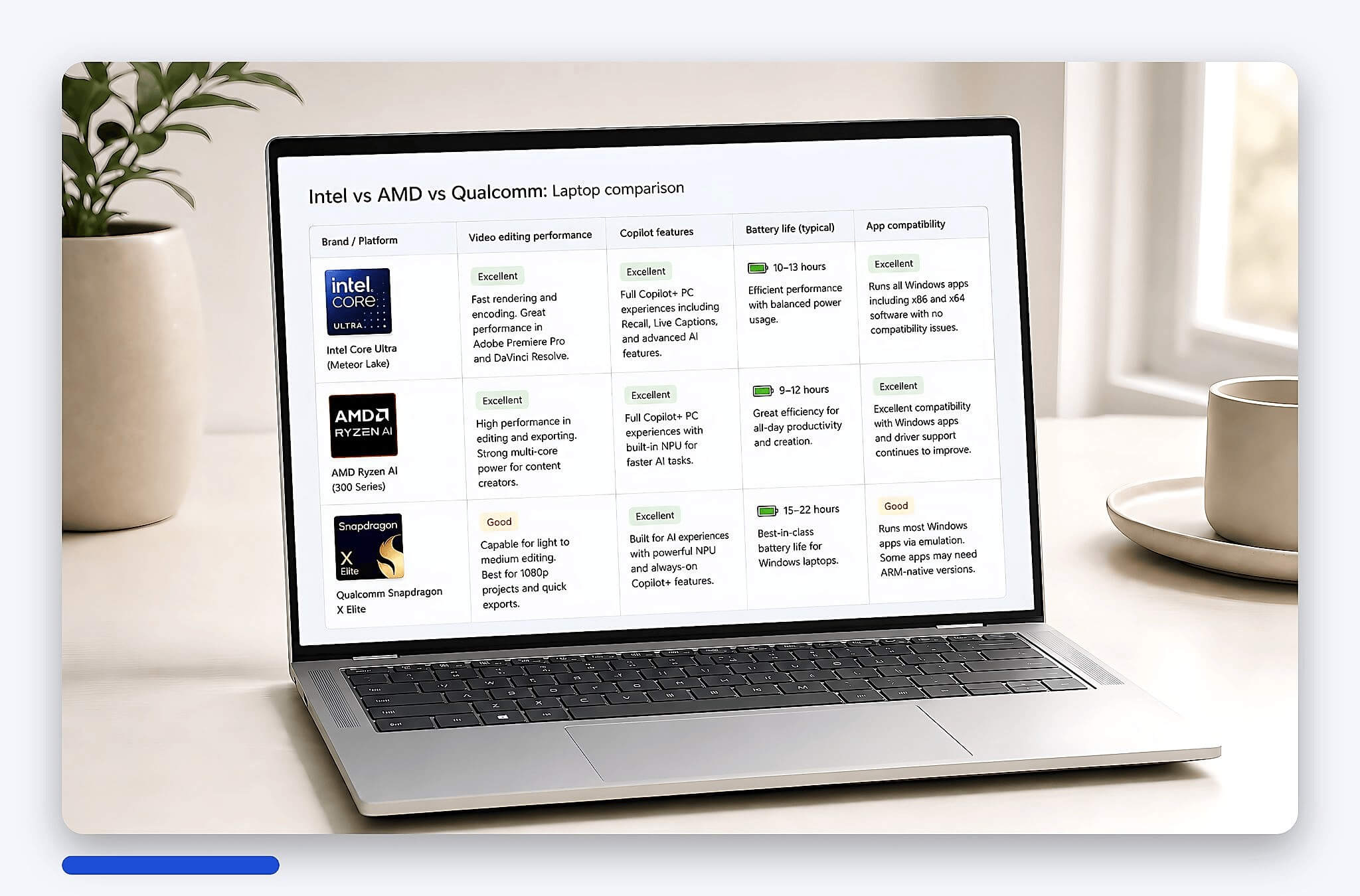 So sánh nền tảng Intel AMD Qualcomm cho laptop AI So sánh nền tảng Intel AMD Qualcomm cho laptop AI