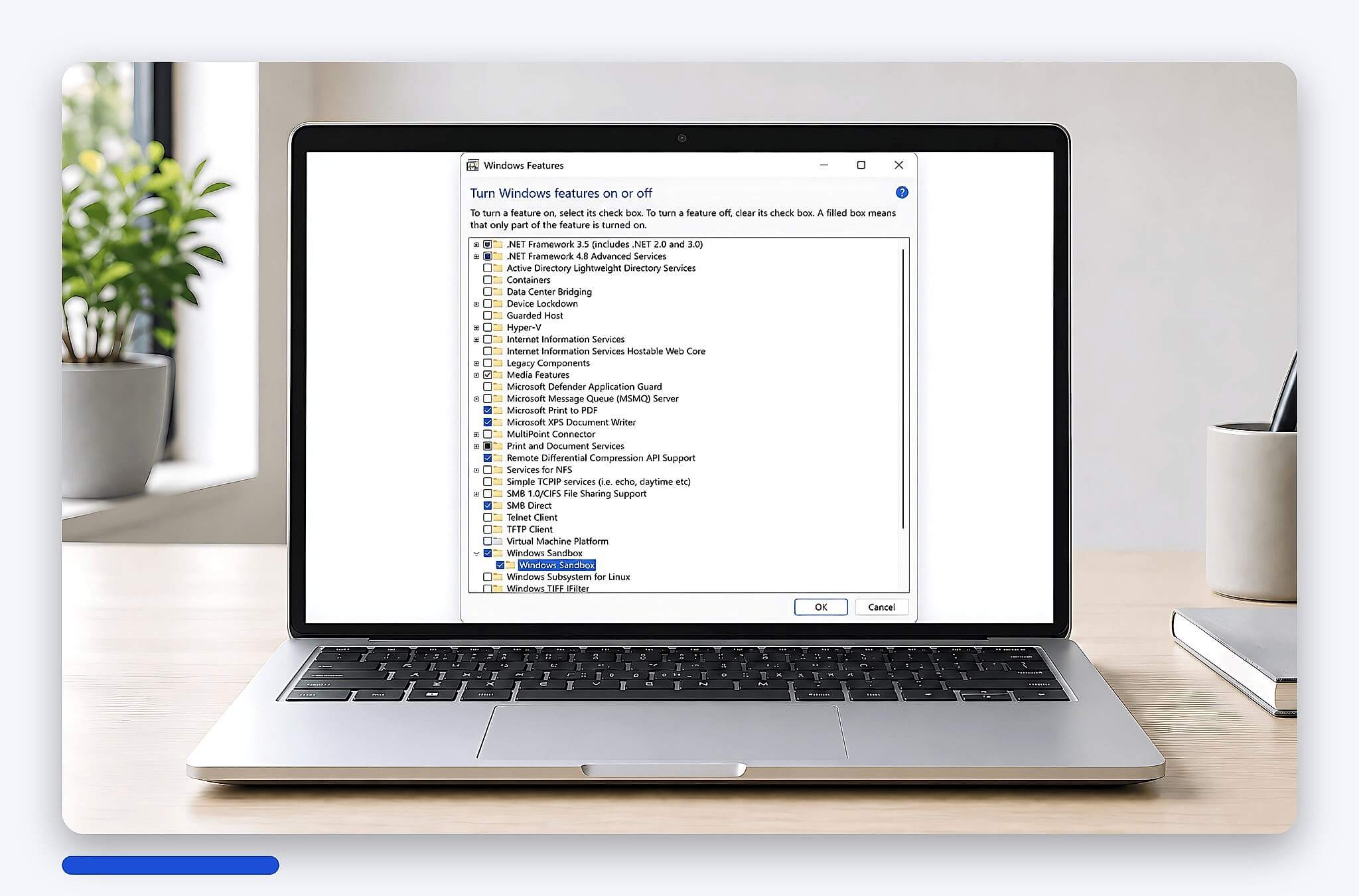Tích chọn mục Windows Sandbox trong hộp thoại Turn Windows features on or off