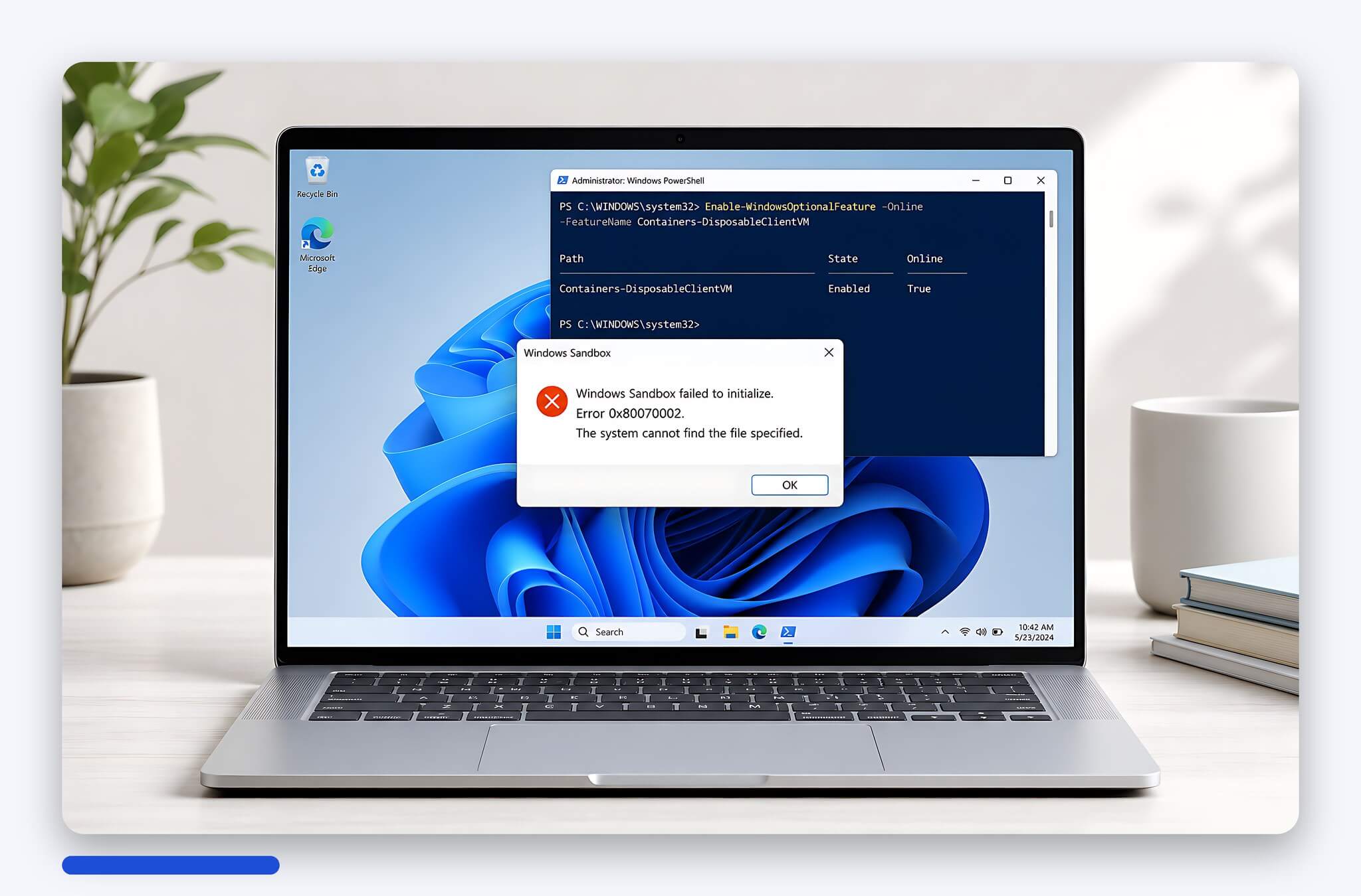 Hộp thoại báo lỗi Windows Sandbox failed to initialize kèm lệnh bật tính năng