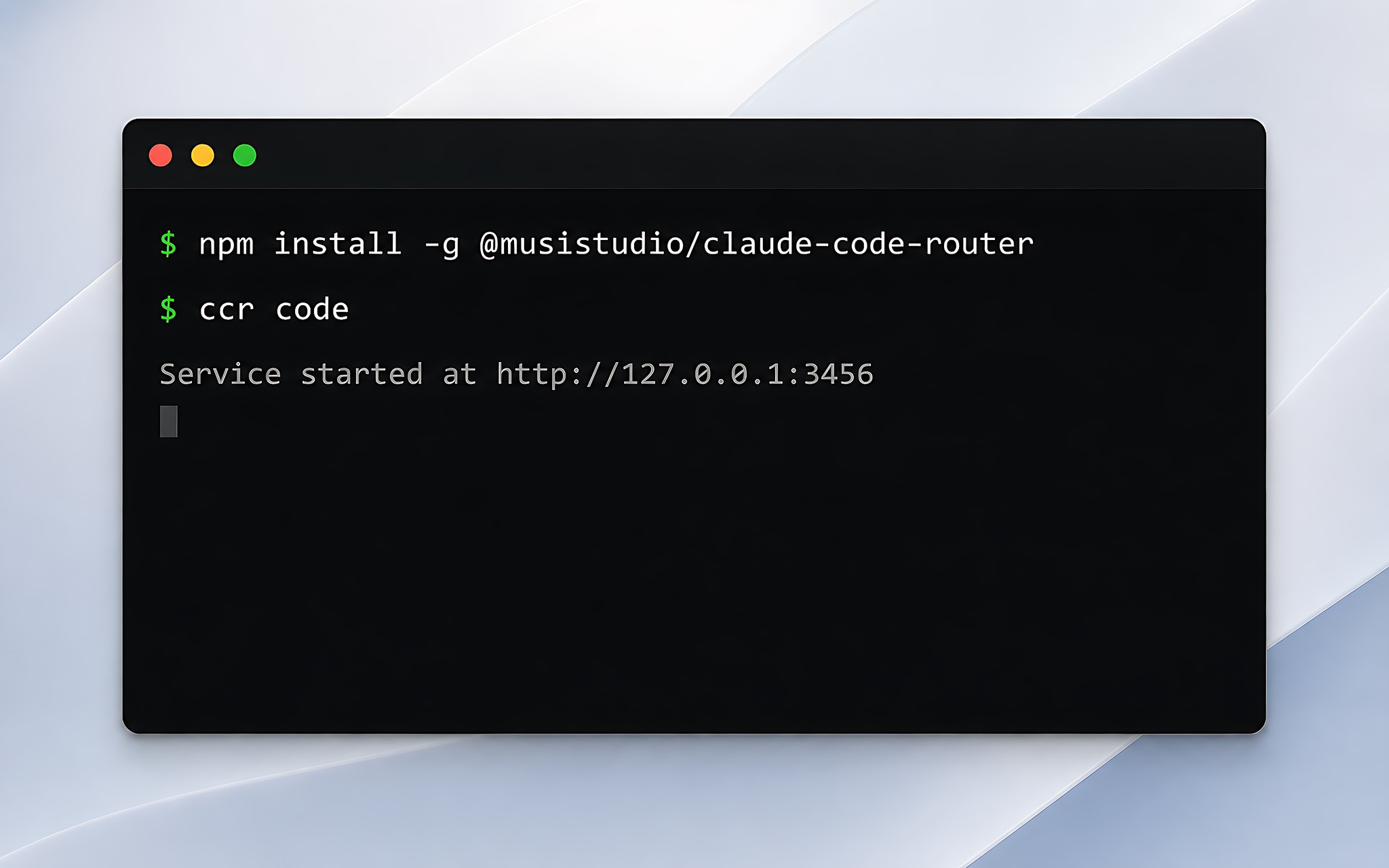 Terminal cài đặt Claude Code Router qua npm và khởi chạy bằng lệnh ccr code Terminal cài đặt Claude Code Router qua npm và khởi chạy bằng lệnh ccr code