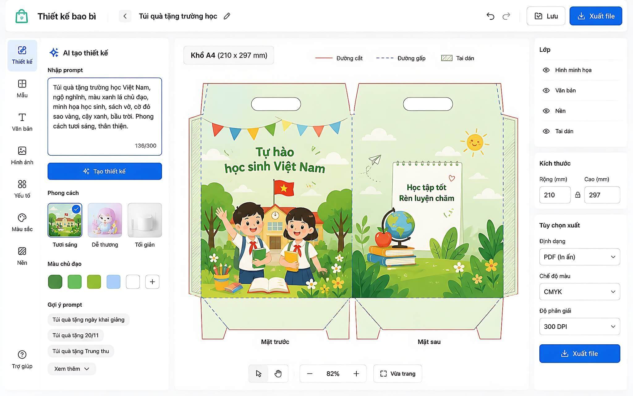 A teacher entering a Vietnamese school gift bag design prompt with A4 paper size, front and back panels connec