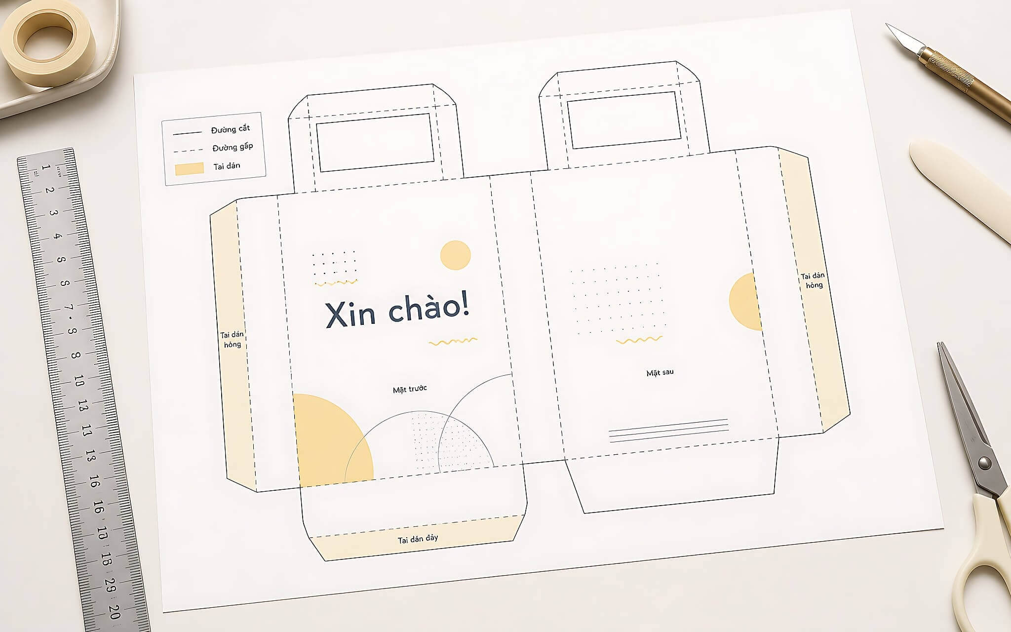 A printed A4 flat paper bag template on a desk showing connected front and back panels, cutting lines, folding