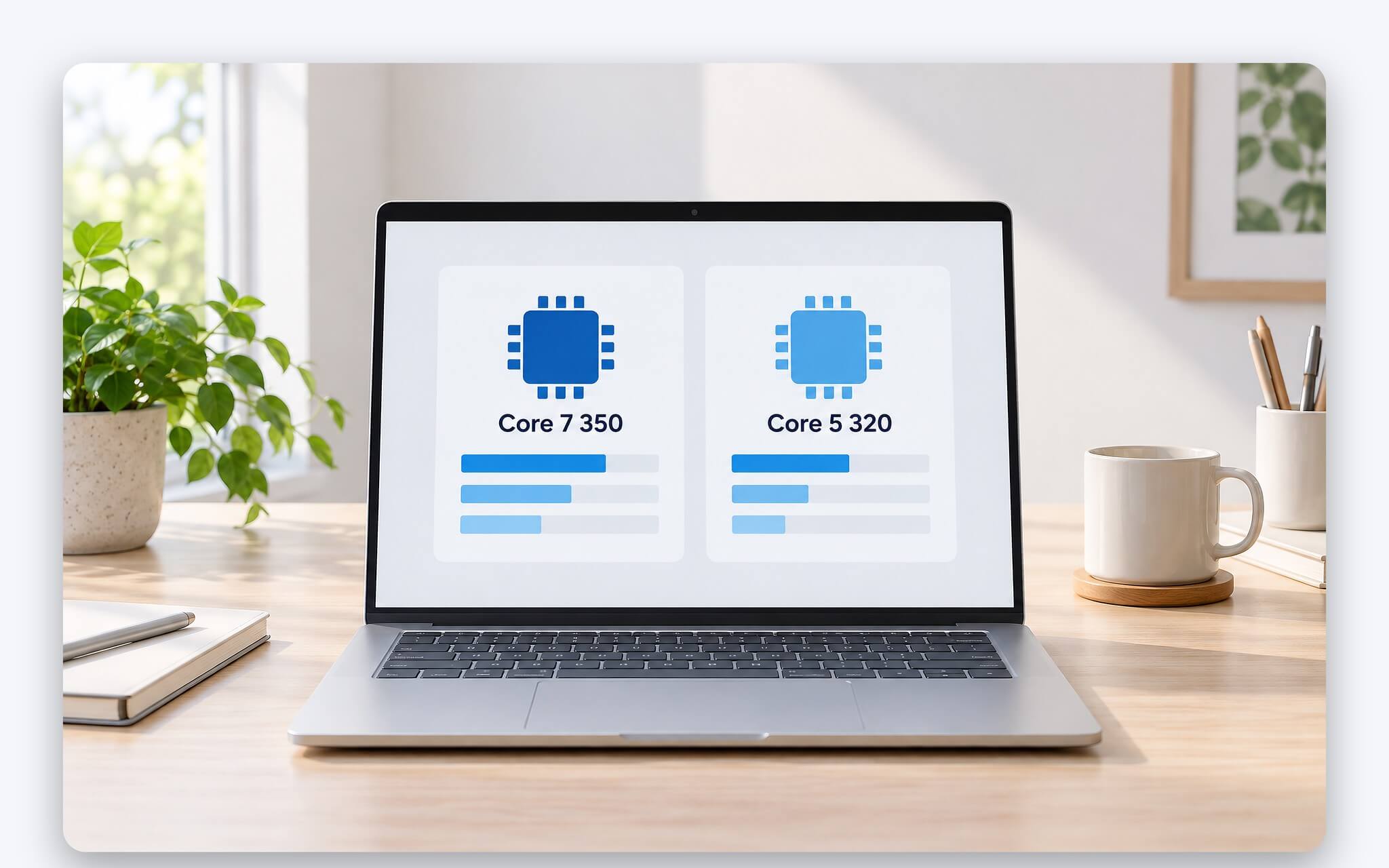 So sánh xung nhịp P-core, LP E-core và GPU của Core 7 350 với Core 5 320