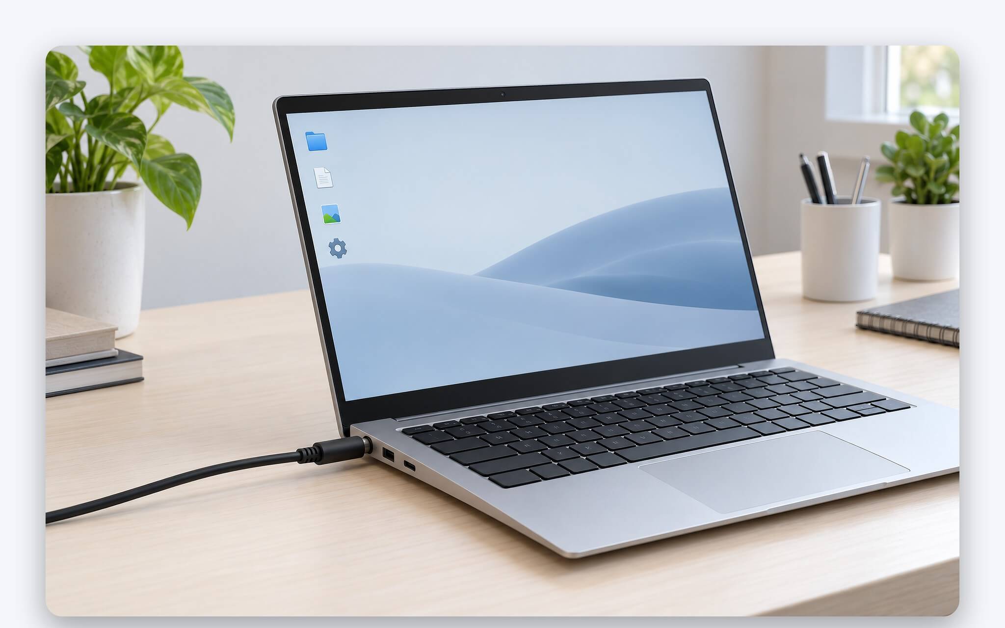 Cổng sạc tròn và cổng USB-C ở cạnh trái laptop gaming