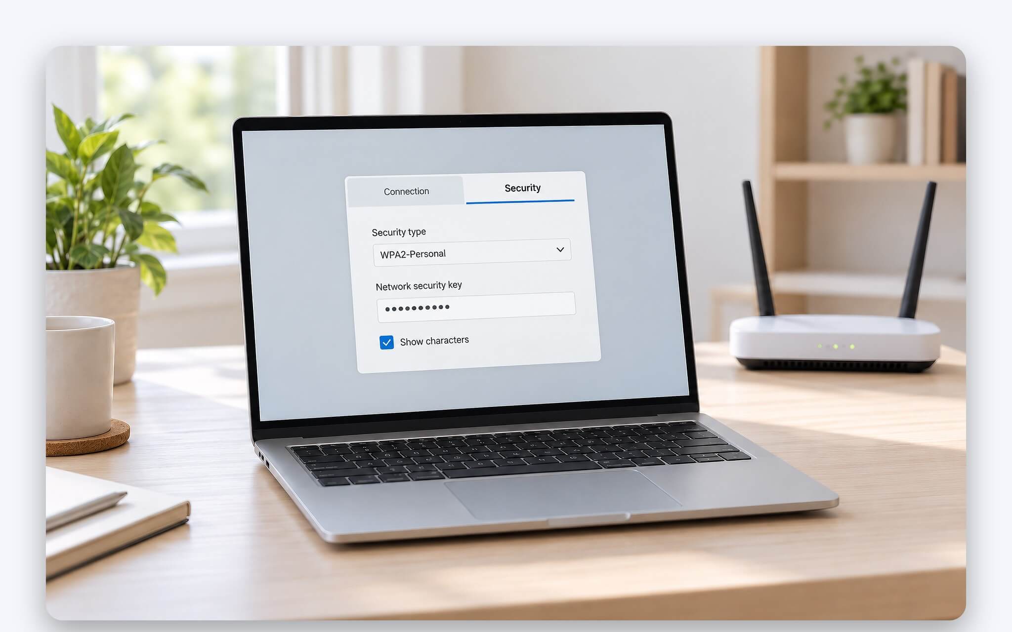 Tab Security trong Wireless Network Properties trên Windows 10 với ô Show characters