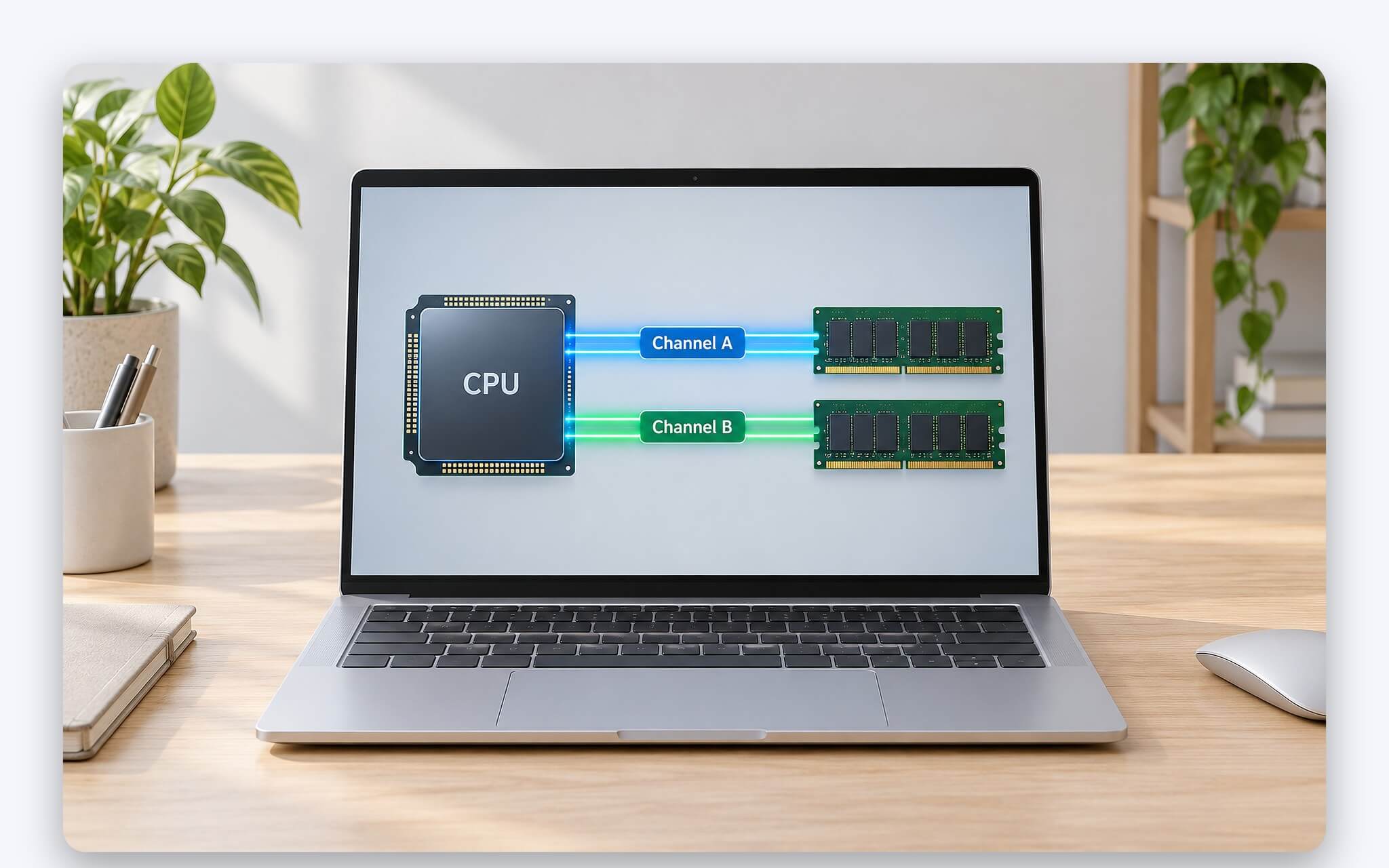 Bộ điều khiển nhớ trong CPU chia dữ liệu qua hai kênh khi laptop chạy RAM kênh đôi